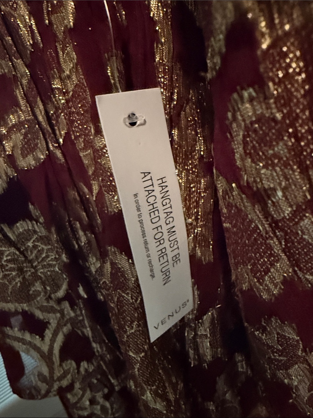 VENUS Burgundy and Gold Metallic Floral High-Neck Blouse - Picture 2 of 5